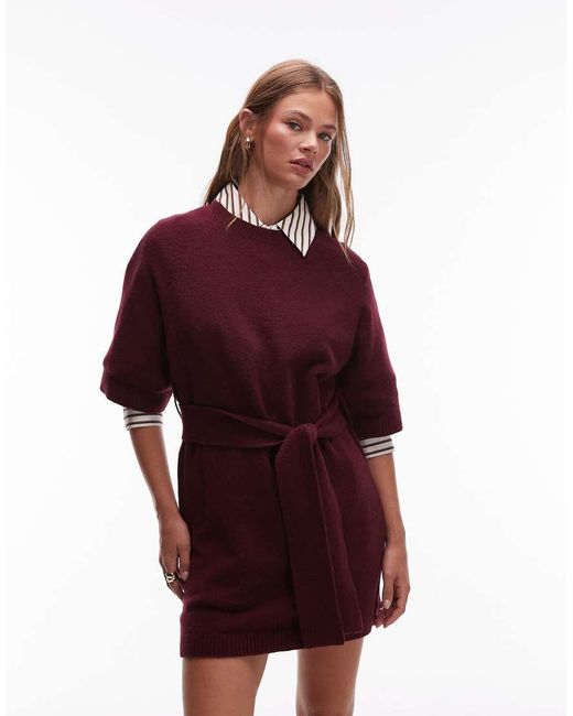 & Other Stories Red Knitted Belted Mini Dress With Wide Sleeves