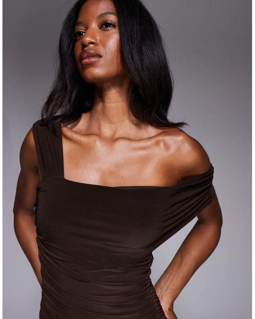Kaiia Multicolor Exclusive Double Layered Slinky Asymmetric One Shoulder Sheer Hem Maxi Dress