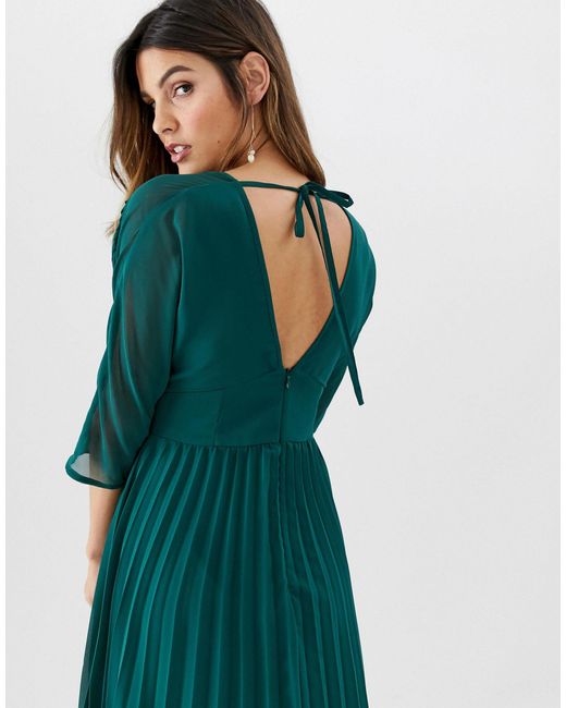 slim fit dress slacks Forest Green Pleated Bodice Long Sleeve Maxi Dress main image 0
