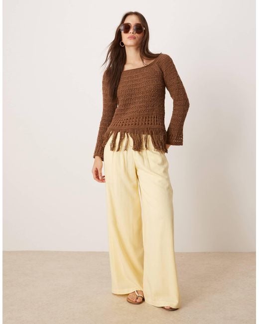 ASOS Brown Crochet Look Off Shoulder Jumper With Fringe Hem