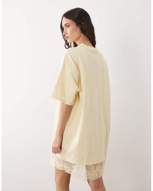 ASOS Natural Oversized Mini Dress With Lace Hem Trim