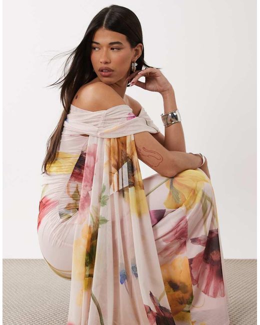 ASOS Pink Printed Floral Mesh Maxi Dress With Folded Off Shoulder And Sash Detail