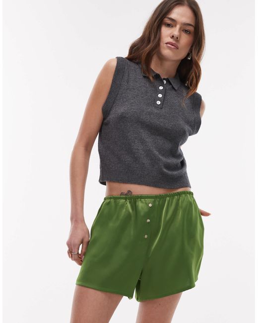 TOPSHOP Green Satin Knicker Short With Buttons
