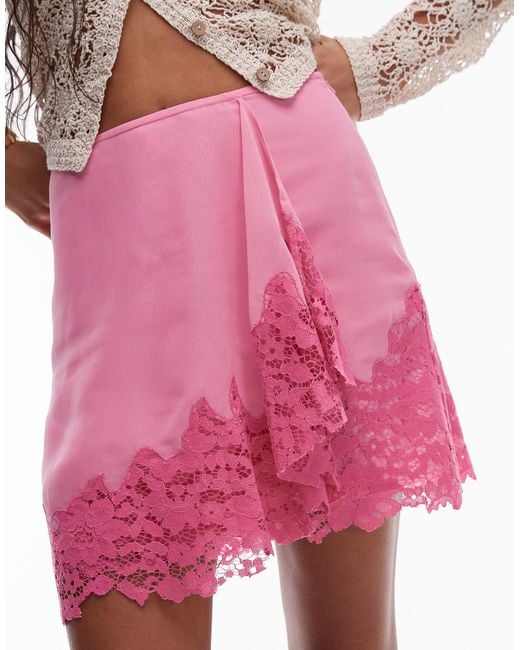 TOPSHOP Pink Asymmetric Mini Skirt With Lace Trim