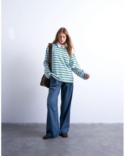 TOPSHOP Blue – gestreiftes polohemd aus frottee