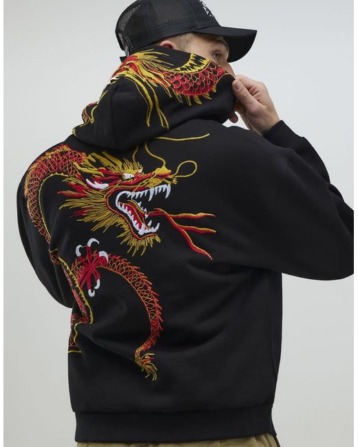 River Island Black Oversized Fit Kagoshima Dragon Hoodie for men