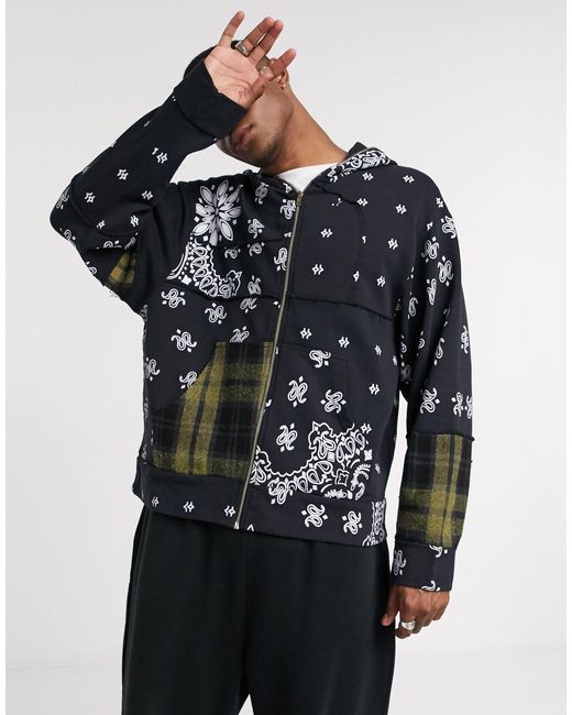 Jaded London Black Cut And Sew Paisley And Check Panel Hoodie for men