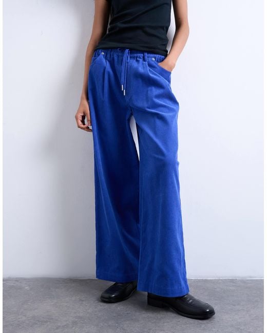 TOPSHOP Blue Cord Wide Leg Trouser With Drawcord