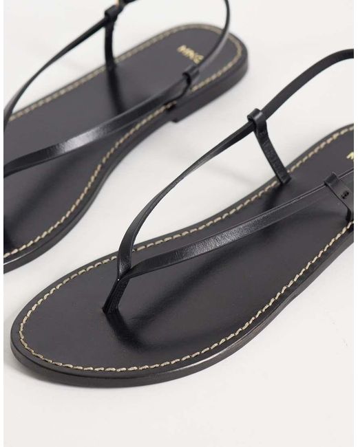 Mango Black 100% Leather Strappy Flat Sandals