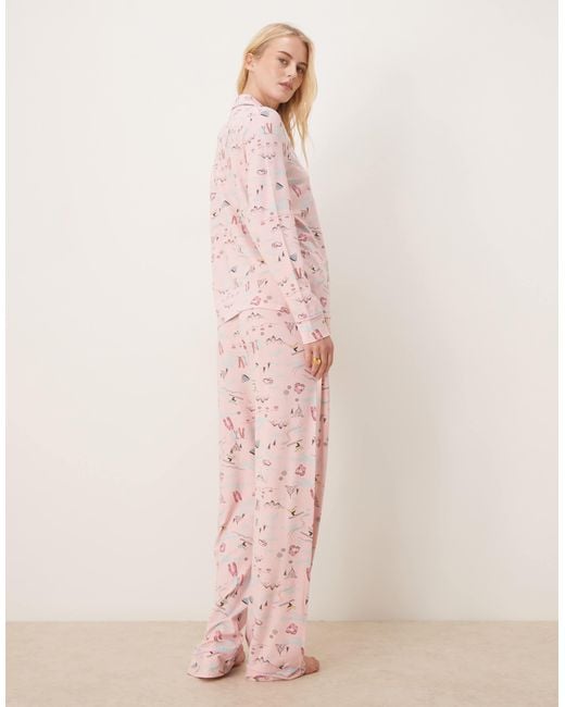 ASOS Pink Asos Design Tall Super Soft Long Sleeve Shirt & Trouser Pyjama Set With Contrast Piping