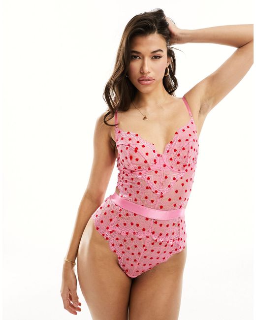 Ann Summers Pink Hold Me Tight Heart Flock Lace Bodysuit