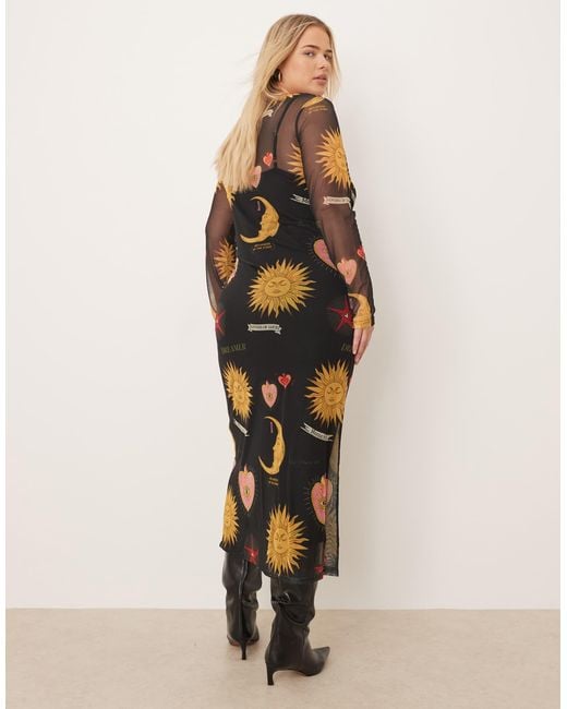 Never Fully Dressed Natural Mystical Print Mesh Maxi Dress