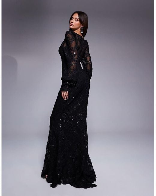 Goddiva Black Embroidered Lace Scalloped Edge Maxi Dress