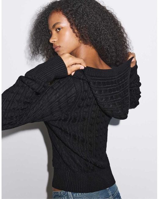 Stradivarius Blue Hooded Cable-Knit Jumper