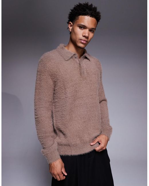 Pull en maille duveteuse à col polo - marron ASOS pour homme en coloris Gray