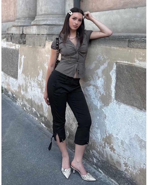 Bershka Brown Short Sleeve Poplin Shirt With Bow