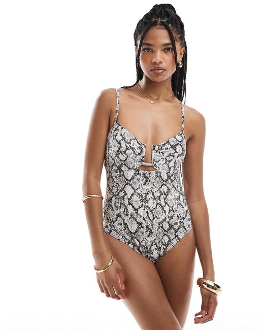 New Look White – badeanzug mit schlangenmuster und zierausschnitt