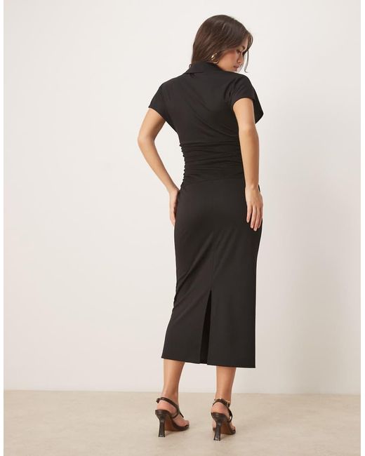 ASOS Natural Short Sleeve Collared Midi Dress With Ribbed Waist Mix