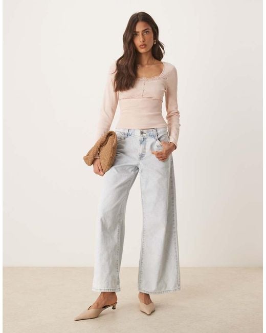 ASOS Natural Ribbed Long Sleeve Top With Lace And Button Detail