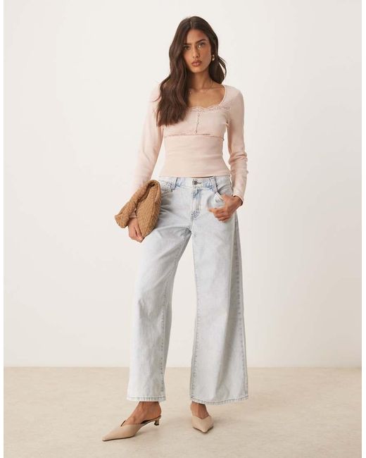 ASOS Geribbelde Top Met Lange Mouwen, Kant En Knoopdetail in het Natural