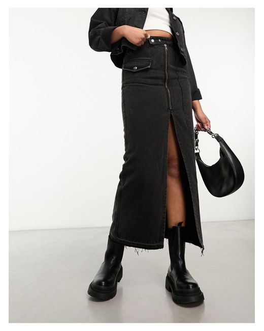 Miss Selfridge Black Asym Zip Denim Maxi Skirt
