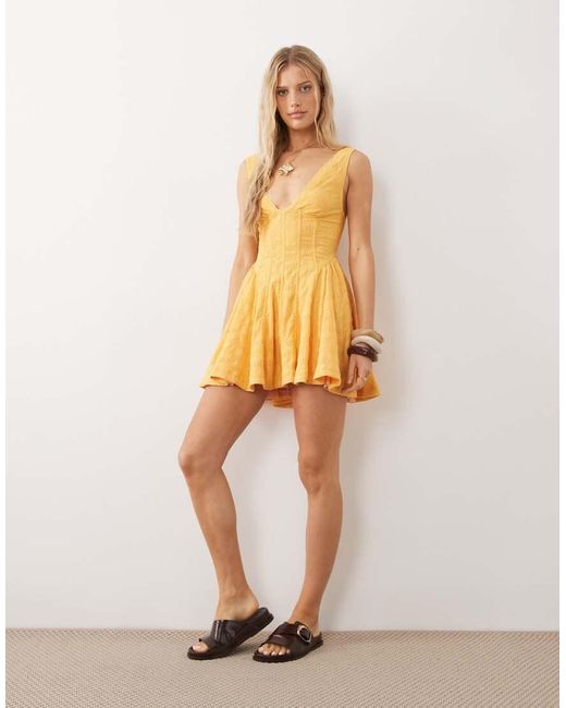Free People Yellow V Neck Corset Style Mini Dress