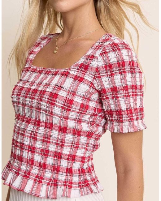 Nobody's Child Check Shirred Frill Trim Top