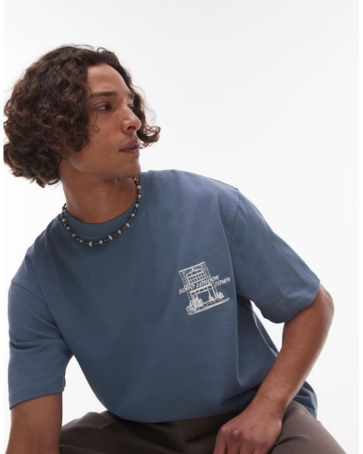 Topman Blue Oversized Fit T-Shirt With Front And Back Soho Print for men