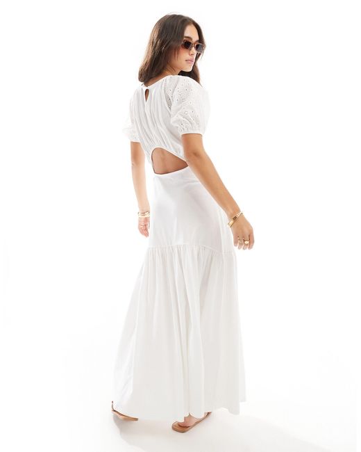 ASOS White Broderie Puff Sleeve Tiered Maxi Dress