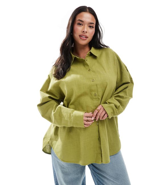 Curve - chemise oversize en aspect lin - olive ASOS en coloris Green