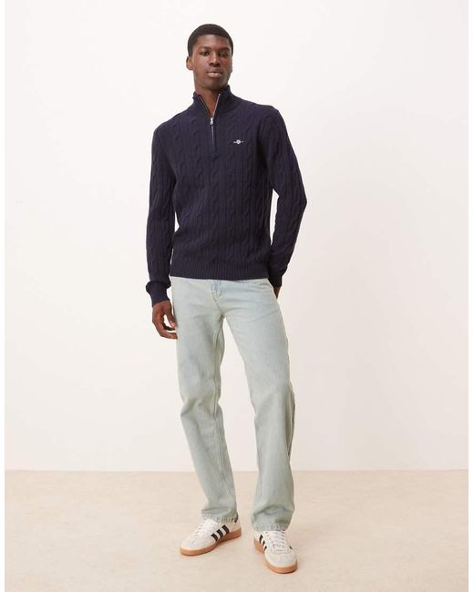 Gant Blue Lambswool Cable Knit Half Zip Jumper for men