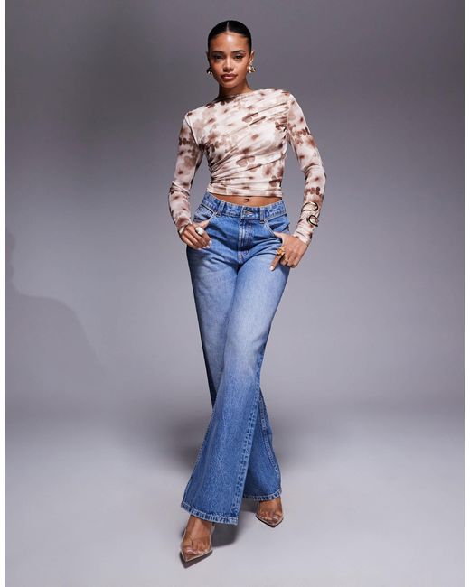 Princess Polly Blue Isolda Mesh Slash Neck Long Sleeve Top