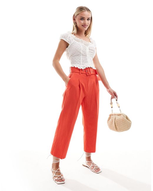 ASOS Red Asos Design Petite Tailo Belted Trouser With Linen
