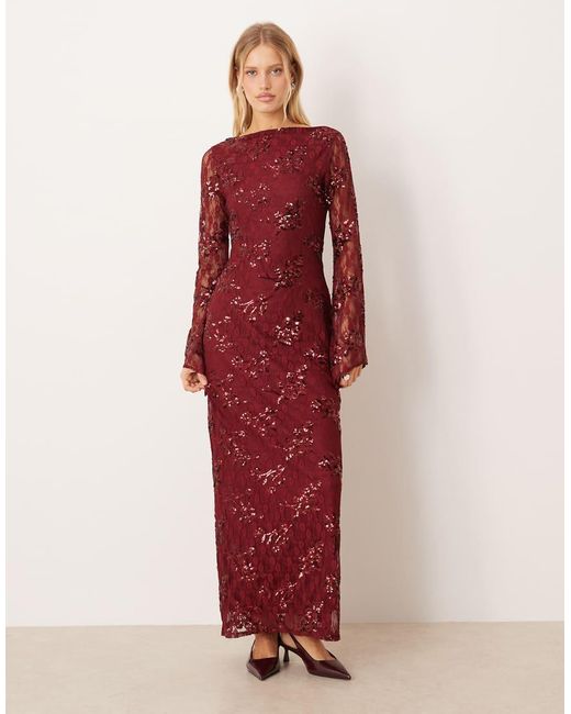 ASOS Red Long Sleeve Sequin Lace Maxi Dress