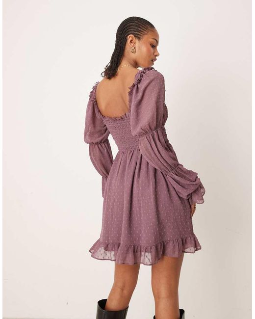 ASOS Purple Asos Design Tall Dobby Milkmaid Long Sleeve Shirred Waist Mini Dress