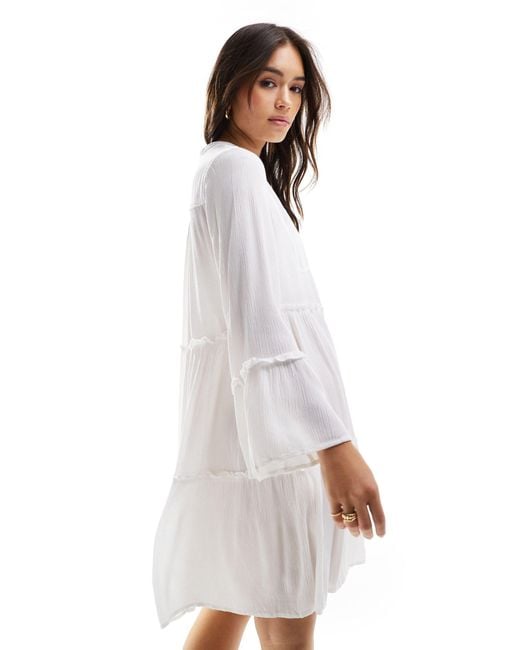 South Beach White Crinkle Viscose Pull Over Tiered Beach Dress
