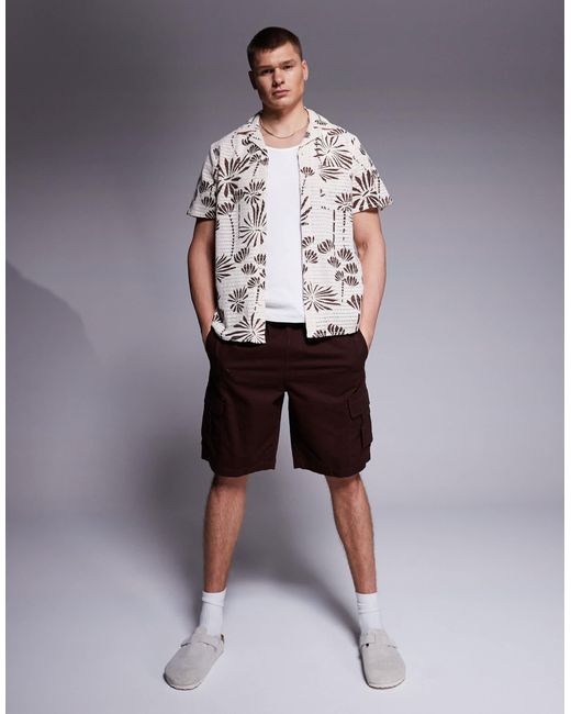 South Beach Brown Embroidered Short Sleeve Beach Shirt for men