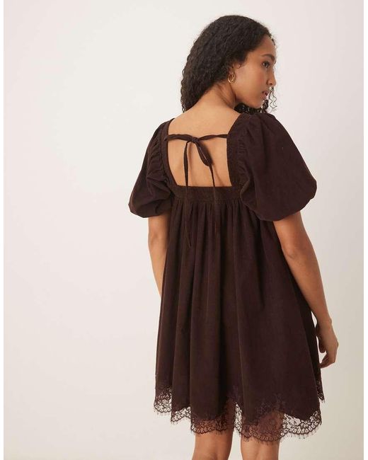 ASOS Natural Cord Square Neck Babydoll Mini Dress With Puff Sleeve And Lace Trims