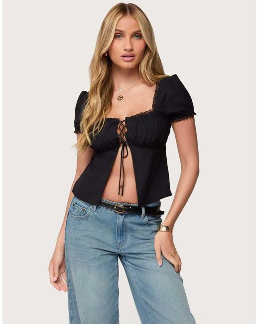 Edikted Blue Lacey Split Front Lace Up Top