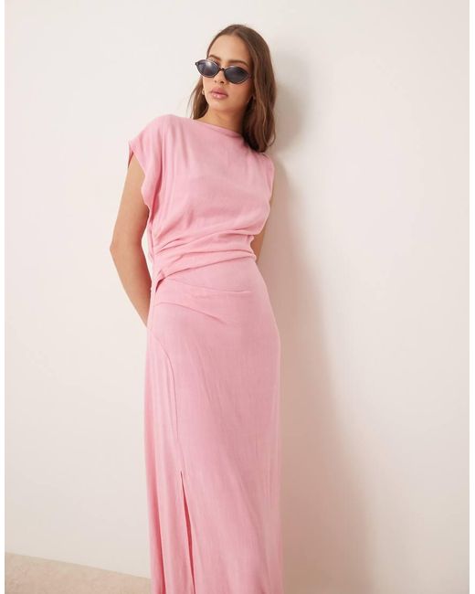 ASOS Pink Linen Open Back Draped Waist Midaxi Dress