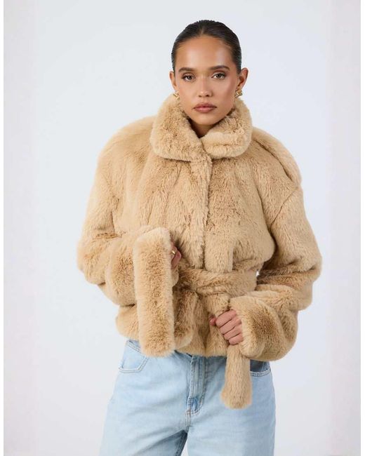 Aria Cove Gray Faux Fur Funnel Neck Belted Jacket