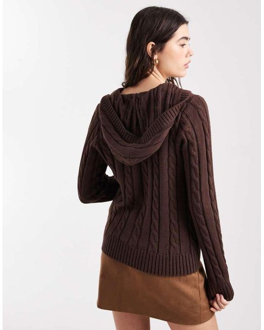 Hollister Brown Y2k Cable Knit Hooded Cardigan