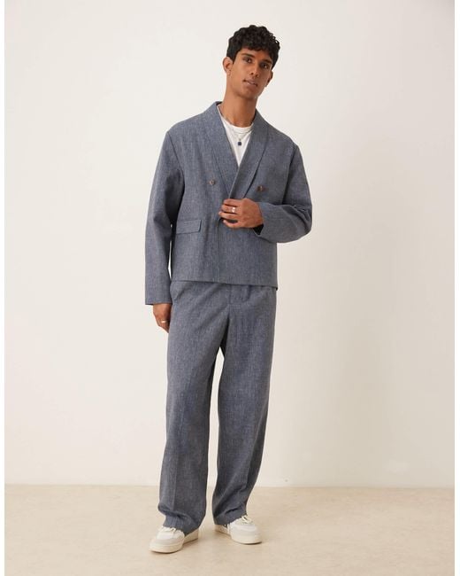 ASOS Blue Wide Leg Linen Suit Trousers for men