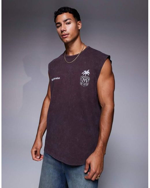 Camiseta Marrón Lavado Sin Mangas Extragrande Con Estampado Gráfico Veraniego De Tejido Grueso De 220 G/M² De ASOS de hombre de color Blue