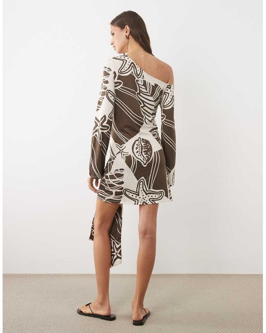 ASOS Natural Long Sleeve Off Shoulder With Tie Detail Mini Dress