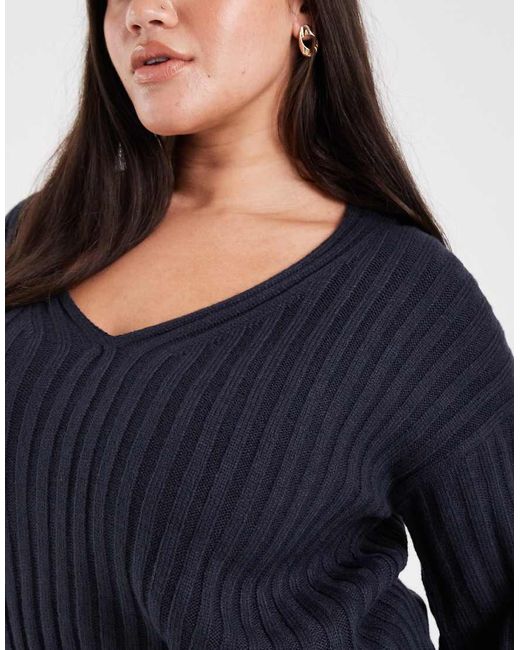 Brave Soul Blue Brown Soul Plus Deep V-neck Ribbed Jumper