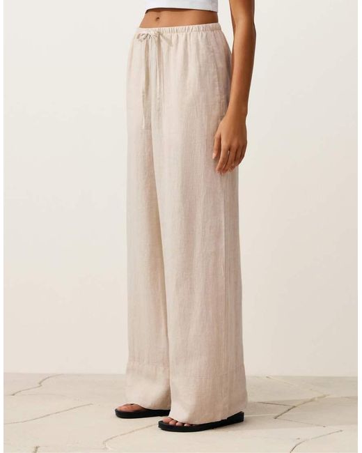 Oysho Natural 100% Linen Straight-Leg Trousers With Seam Detail