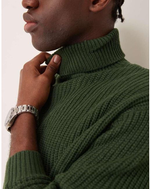 ASOS Green Oversized Knitted Fisherman Rib Roll Neck Jumper for men