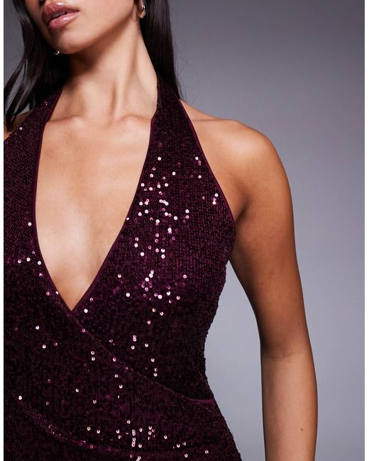Robe longue avec décolleté plongeant et sequins sur l'ensemble - bordeaux ASOS en coloris Purple
