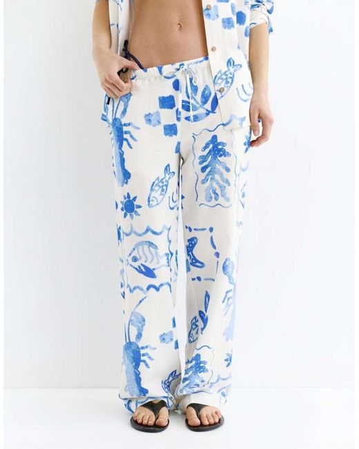 Pull&Bear Blue Marine Printed Flowing Trousers